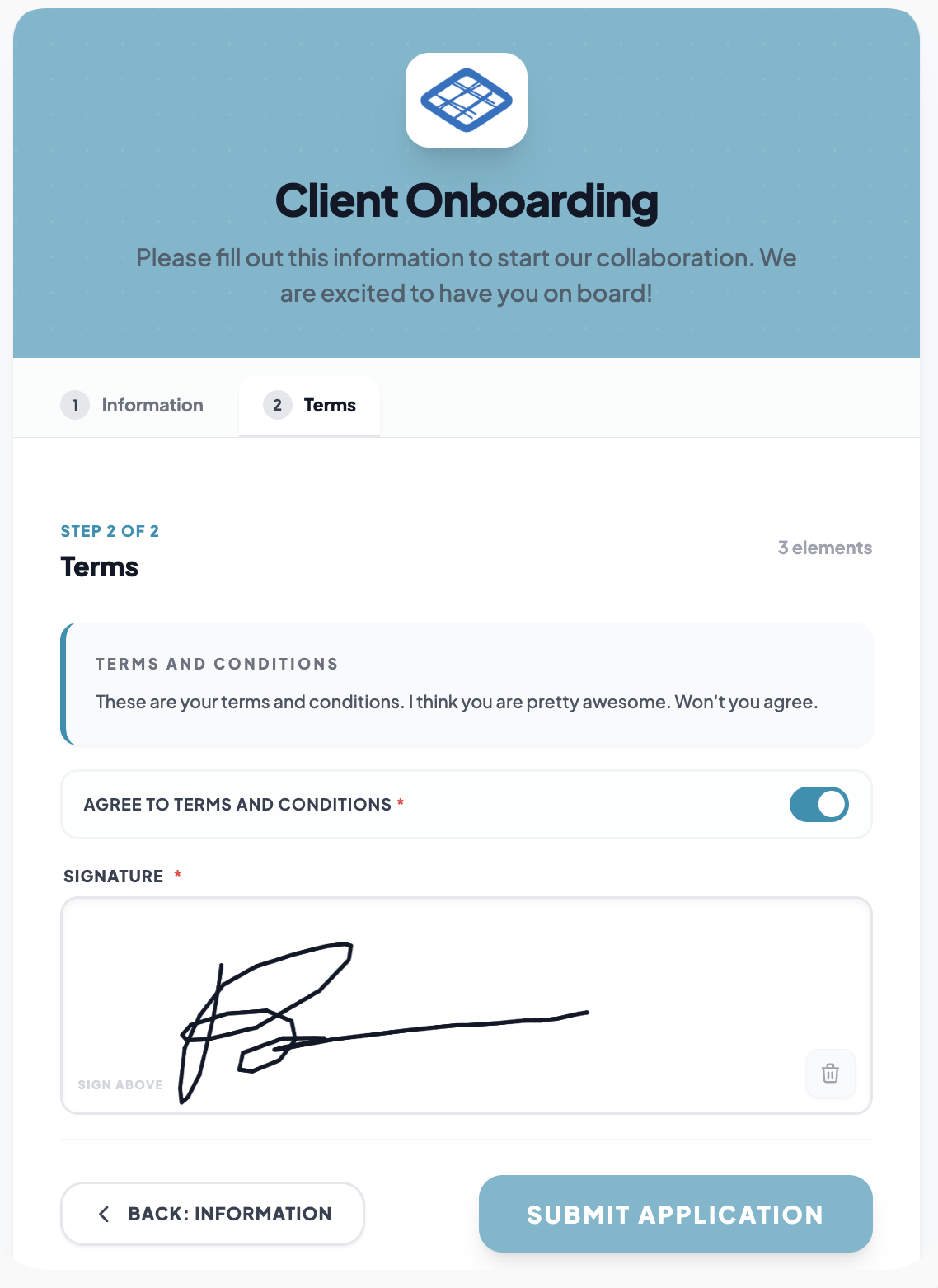 PinionAI FormBuilder showing a Client Onboarding form with terms and signature fields