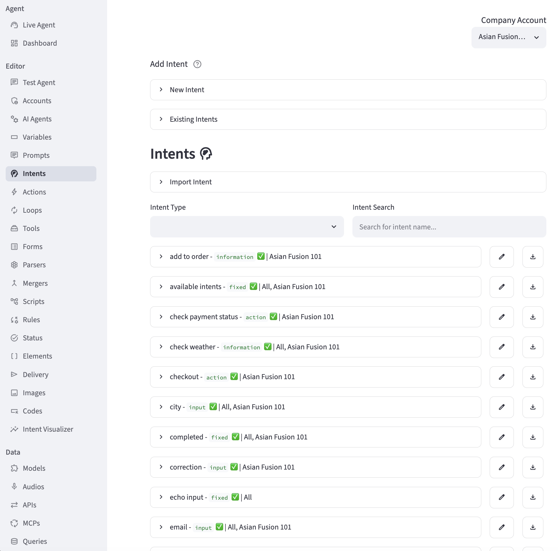 PinionAI Studio interface showing the Intents workspace with agent editor, actions, variables, prompts and connected data sources.