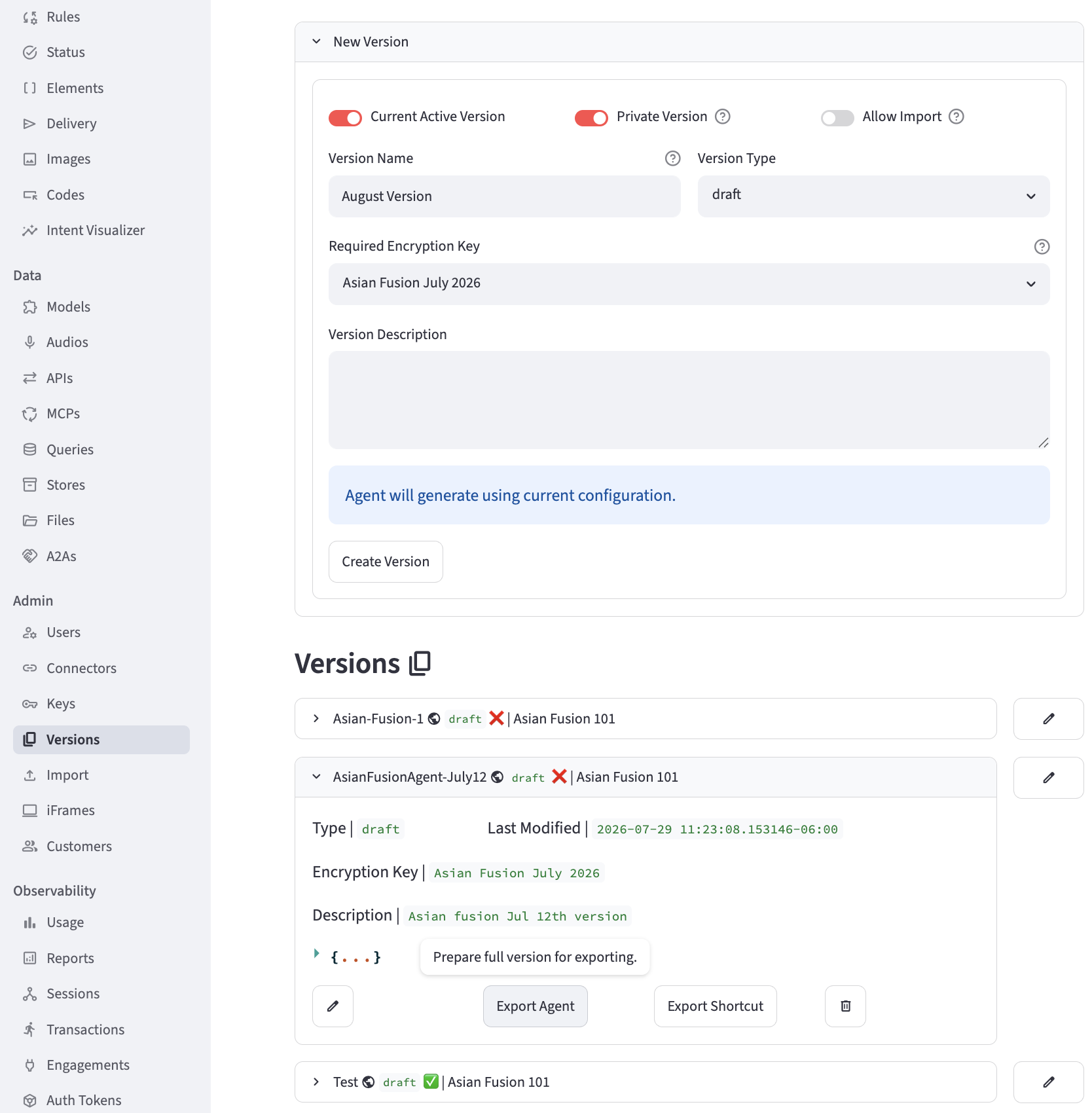 PinionAI Studio Versions panel showing agent version management with active, private and importable versions plus export options.